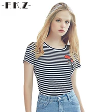 FKZ Casual Summer Women T- Shirts Novelty Rose Floral Embroidery Tops Short Front O-Neck Cotton Striped T Shirt For Girls GNT093