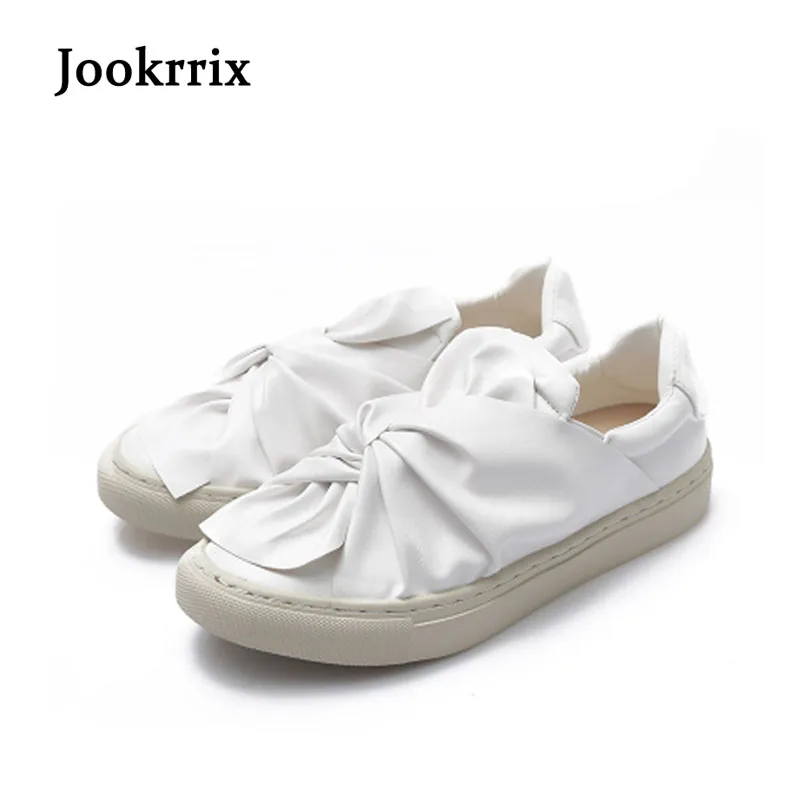 

Jookrrix 2019 New Spring Fashion Lady White Shoes Women Sneaker Gneuine Leather Chic Flats Bowknot Silp On Loafer All Match Soft