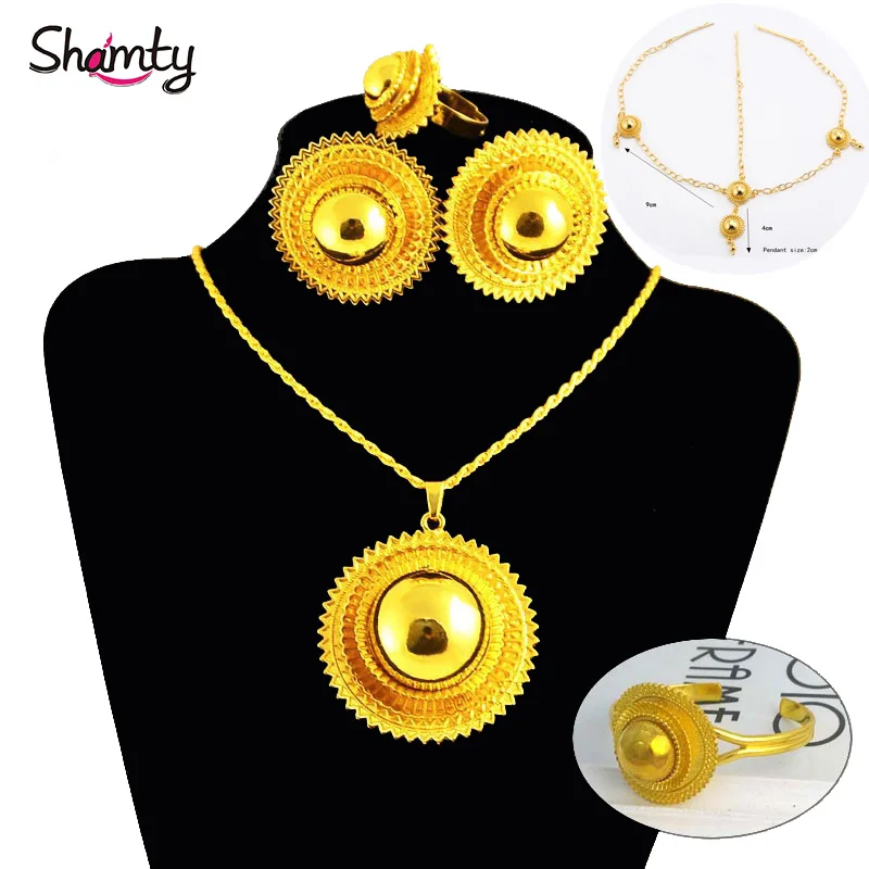 

Shamty Ethiopian Bridal Jewelry Sets Women Trendy Pure Gold Color Set African Nigeria Sudan Eritrea Kenya 3 Different Size