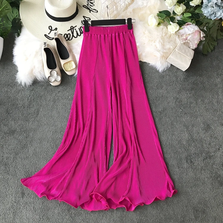 

Amolapha Women Pleated Flare High Waist Wide Leg Chiffon Pants Lady Soild Vintage Long Trousers Casual Pants