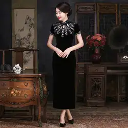 Благородный для женщин Тонкий Высокая разделение Cheongsam Осень Бархат короткий рукав Qipao традиционный Женский ручной работы и пуговицы