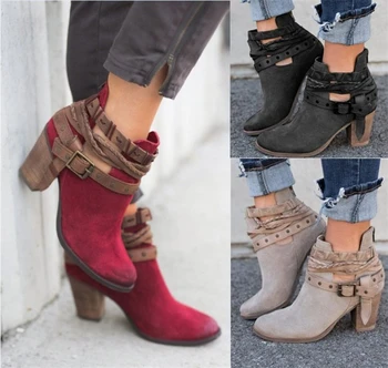 

Retro Red High Quality Women Ankle Boots Buckle Strap Pointed Toe Female Martin Boots Ladies Suede Autumn Boots