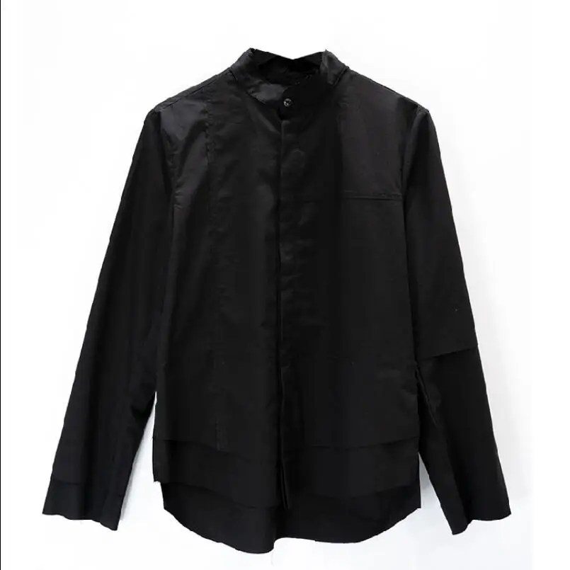 Original Men's Shirt Multi-layer Stitching Cotton Casual Clothing Male Solid Standing Collar Black Shirts Large Size Costumes | Мужская