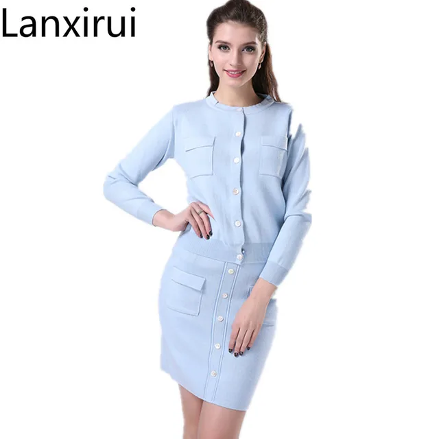 2 pcs Women Set Autumn long sleeve single buttons knitted cardigans sweaters coats and mini skirt Female work clothing YL029