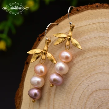 

GLSEEVO Original Design Natural Fresh Water Pearl Dangle Earrings For Women Party Gift Leaf Drop Earrings Fine Jewellery GE0603