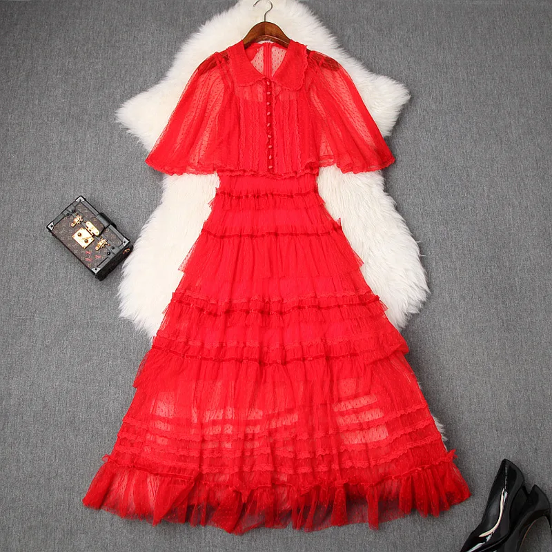 

Party Dress Summer Women 2019 New Lace Patchwork Turn Down Collar Butterfly Sleeves Empire Waist Solid Color Slim Mesh Dress