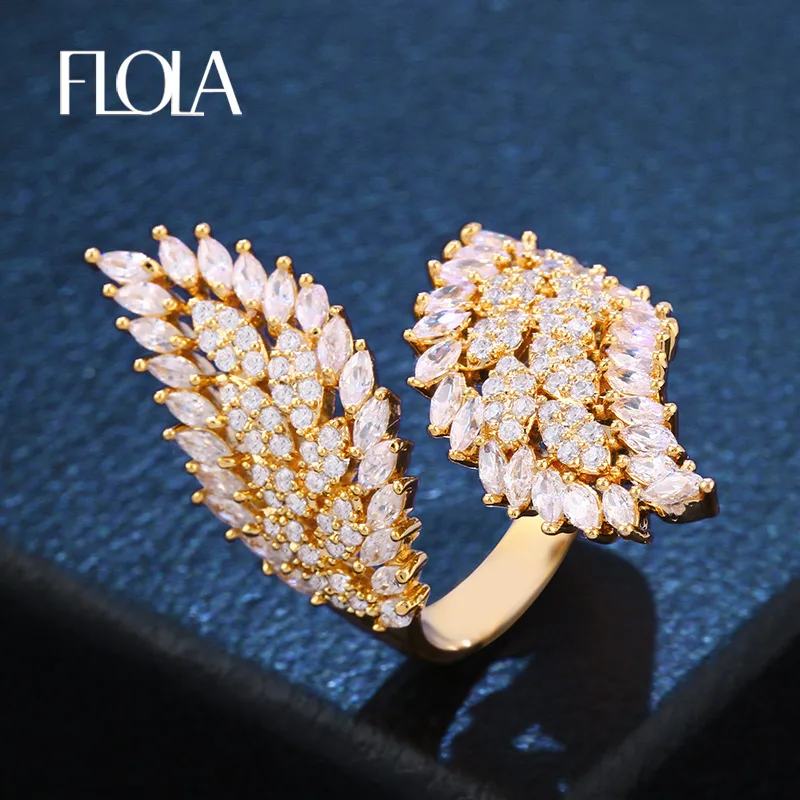 

FLOLA 2018 Cubic Zirconia Gold Wedding Ring Female 2 Leaves Adjustable Open Ring Pave CZ Stone Gold Jewelry anillos hojas rigf66