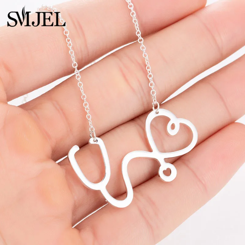 

SMJEL Stainless Steel Stethoscope Heartbeat Necklace Women Bijoux Love Heart Necklaces Pendants Medical Nurse Doctor Lover Gifts