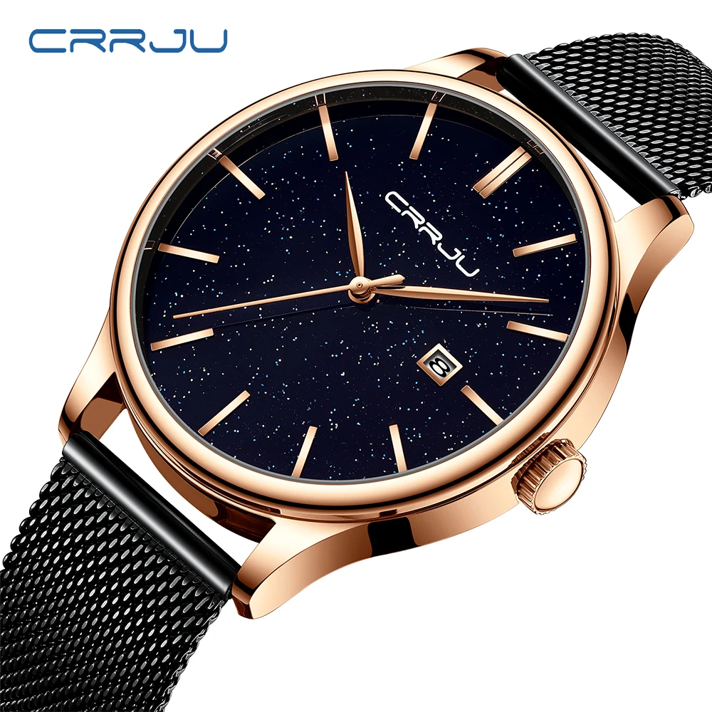 

CRRJU Quartz Men Watches Top Brand Luxury Business Mesh Steel Band Wristwatch Sports Calendar Male Clock Relogio Masculino