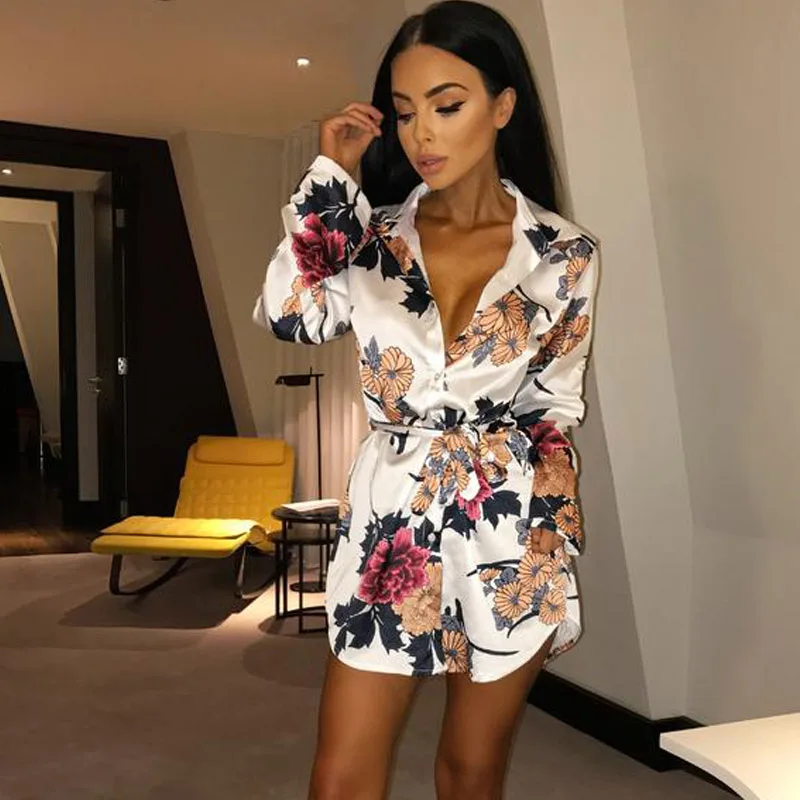 

Qunndy Lace Up Summer Dress Turn-down Collar Women Floral Frint Sexy Dress Casual Club Bandage Mini Dresses Robe Femme Ete 2018