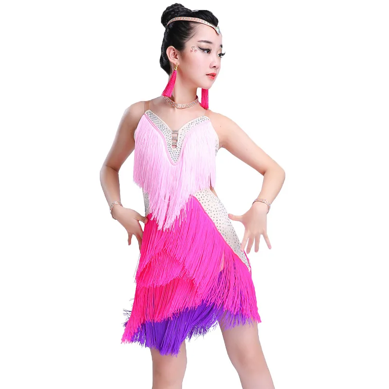 Профессиональная одежда для латинских танцев, одежда для выступлений, новая юбка для латинских танцев с яркими бриллиантами и кисточками, Детский костюм для латинских танцев - Цвет: Многоцветный