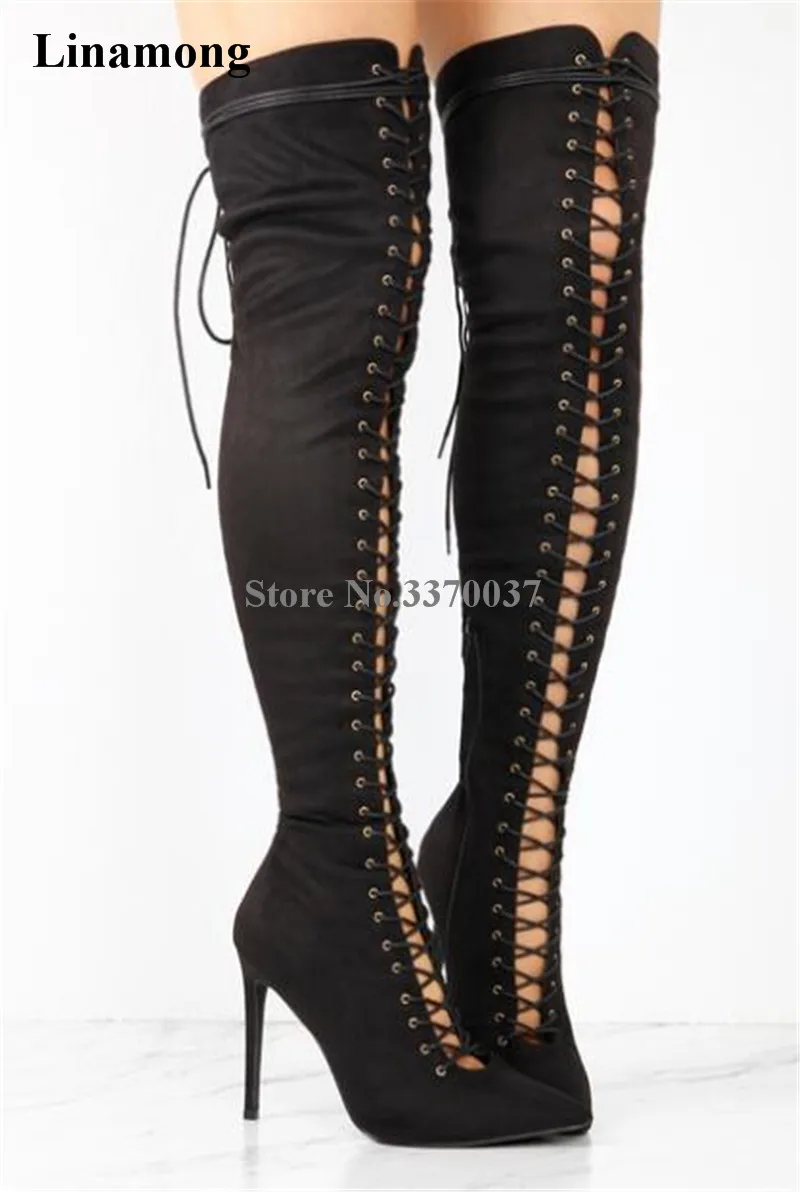 2018 New Fashion Women Pointed Toe Suede Leather Lace-up Over Knee Gladiator Boots Cut-out Thigh High Heel Long Boots Dress Shoe 2018 New Fashion Women Pointed Toe Suede Leather Lace-up Over Knee Gladiator Boots Cut-out Thigh High Heel Long Boots Dress Shoe