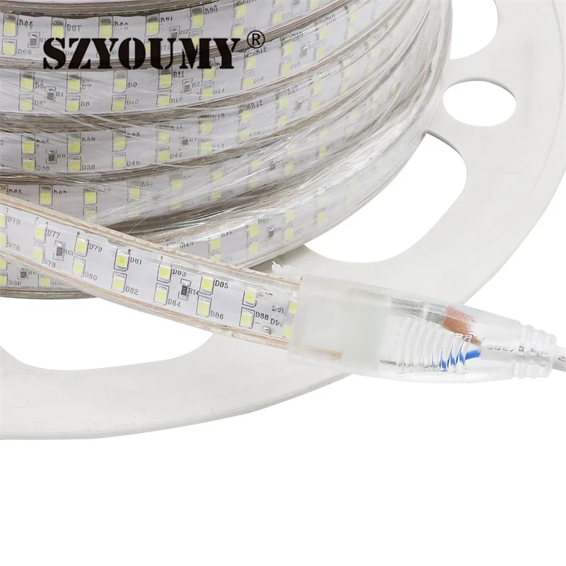 SZYOUMY супер яркий 180led/m 220 V светодиодные ленты SMD 2835 двухрядные белые Тиры светодиодные ленты Водонепроницаемый + разъем питания 100 м/лот