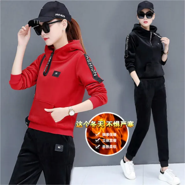 US $57.00 Plus velvet thickening sports suit female autumn and winter Slim fashion gold velvet casual women's