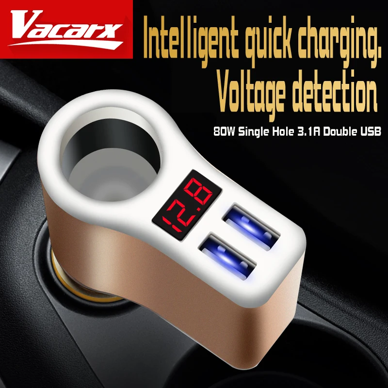

Vacarx car cigarette lighter socket single hole double USB cigarette lighter charger with intelligent battery voltage monitoring