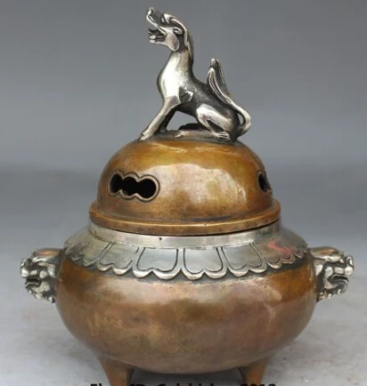 

RHS0180 7" Tibet Bronze Silver Foo Fu Dog Lion Unicorn Statue incense burner Censer