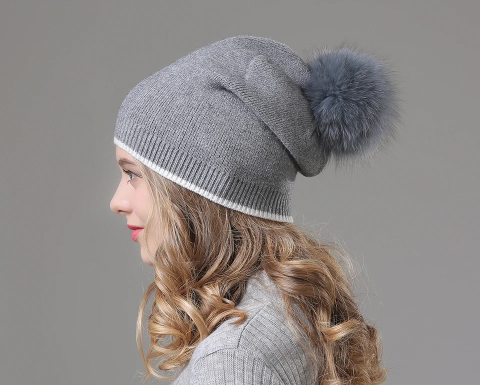 Winter Hats For Girls Skullies Knitt Wool Pom Poms Beanies Female Real Fox Fur Pompon Hat For Women 2018 New (4)