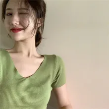 2019 Chic casual summer v-neck knit rib crop t-shirt Women short sleeve sexy slim top jacket girl female basic t shirt top cheap 2019 Chic casual summer v-neck knit rib crop t-shirt Women short sleeve sexy slim top jacket girl female basic t shirt top cheap