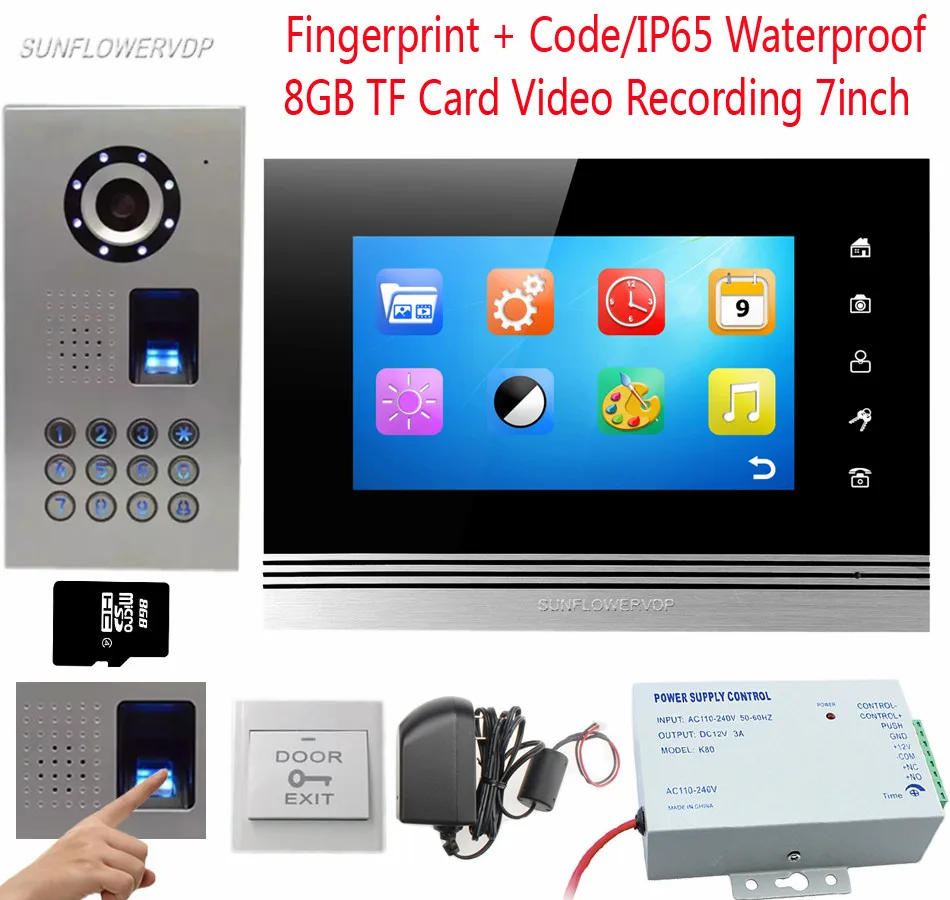 

IP65 Waterproof Video Phone Fingerprint/Code CCD Video Intercom Camera Color 7" Recording Monitor Door Video Free 8GB TF Card