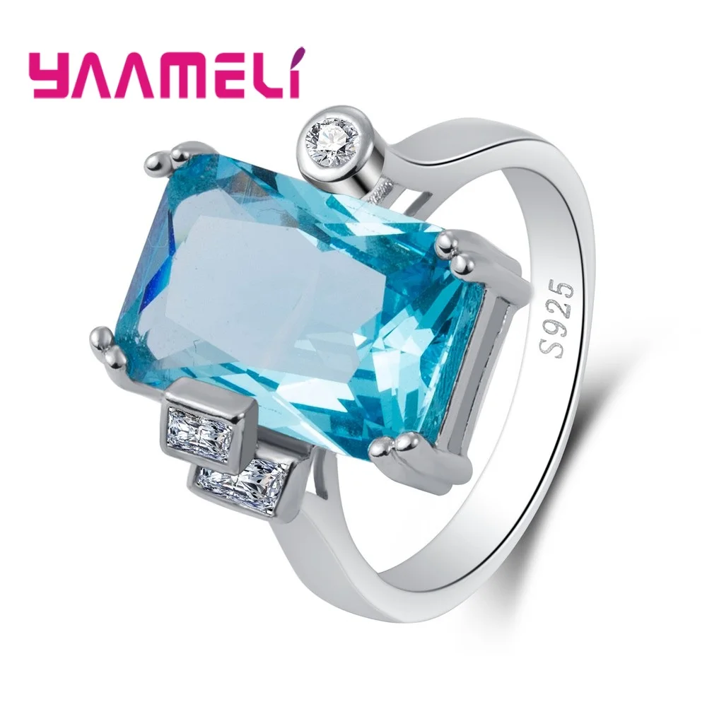 

YAAMELI New Stylw Sterling 925 Silver Ring Lack Blue CZ Stone AAA Zircon Jewelry for Women Engagement Wedding bague bijoux