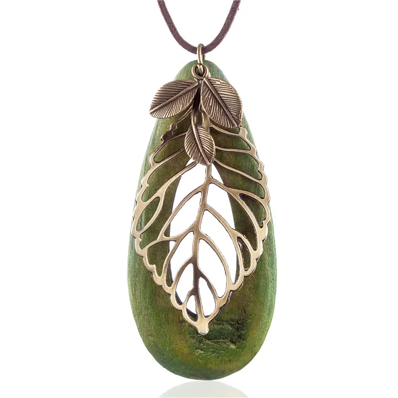 Coostuff Women's Long Leaf Pendant Necklace - Wooden Choker With Wax String Chain, Zinc Alloy, Trendy Bohemian Jewelry - View #12
