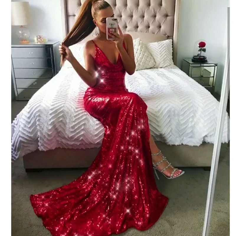 2019 Elegant Rood Sexy Lange Pailletten Jurk Spaghetti Maxi Vloer-Lengte Backless Split Chic Solid Celebrity Avond Vestidos