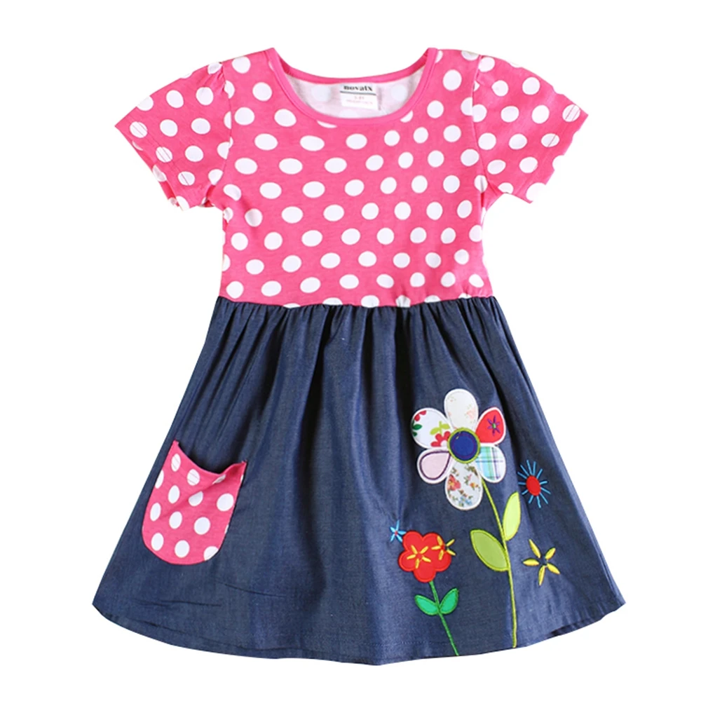 Летнее хлопковое платье с короткими рукавами для девочек милое платье в горошек с вышитым единорогом для девочек, платье с короткими рукавами и изображением Маленького Пони для детей, H5748