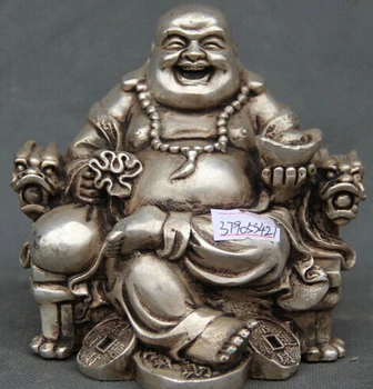 

free 5" Silver Wealth Money Bag Happy Laugh Maitreya Buddha Seat Dragon Chair Statue