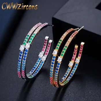 

CWWZircons Gold and Silver Color Colorful CZ Crystal Chic Big Loop Circle Ladies Rainbow Hoop Earrings Jewelry CZ574