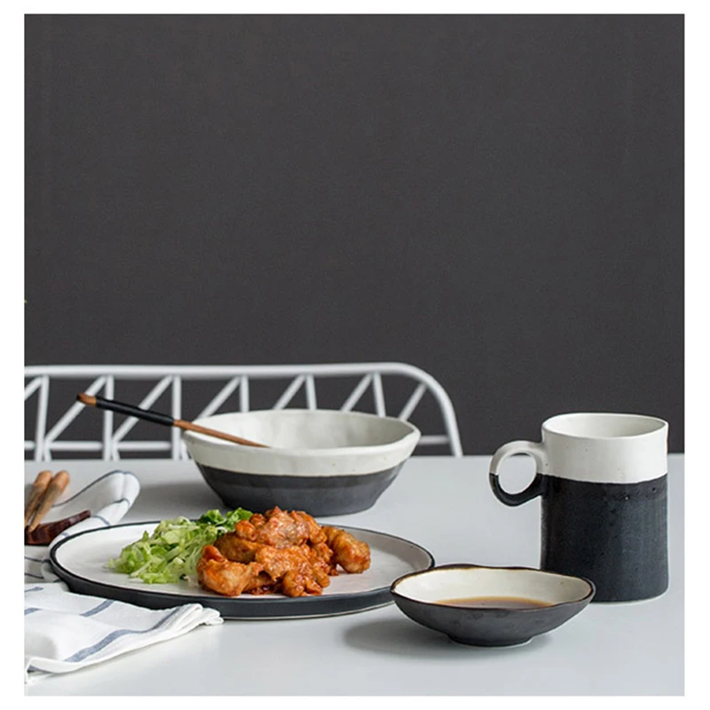 

Japanese-style Ink Ceramic Rough Pottery Vintage Dinnerware Set Rice Bowl Plate Spaghetti Dish Mug Weidie Tablecloth Sent Friend
