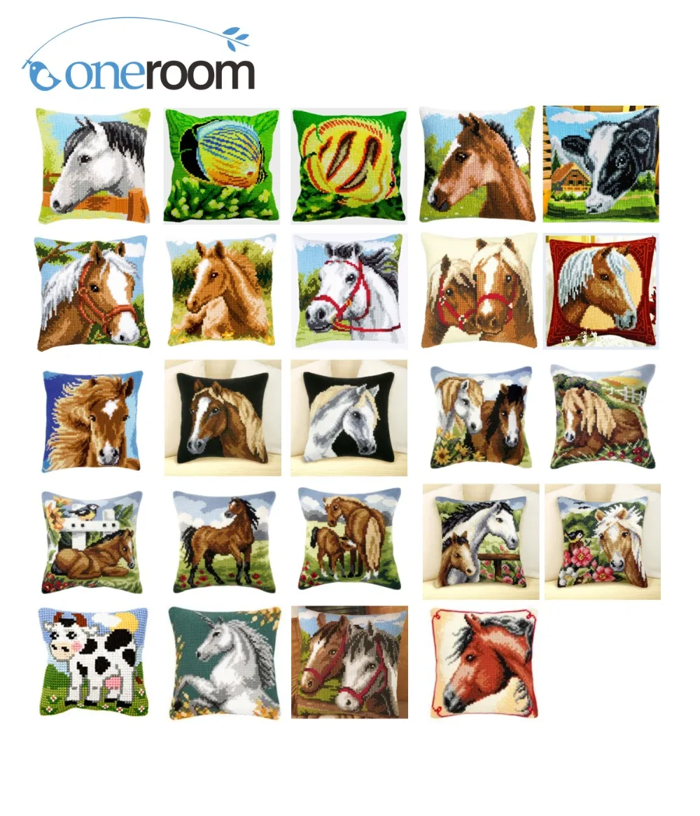 Cross Stitch Pillow Mat DIY Craft Horses Tapestry 42CM by Needlework Crocheting Cushion Embroidery | Дом и сад