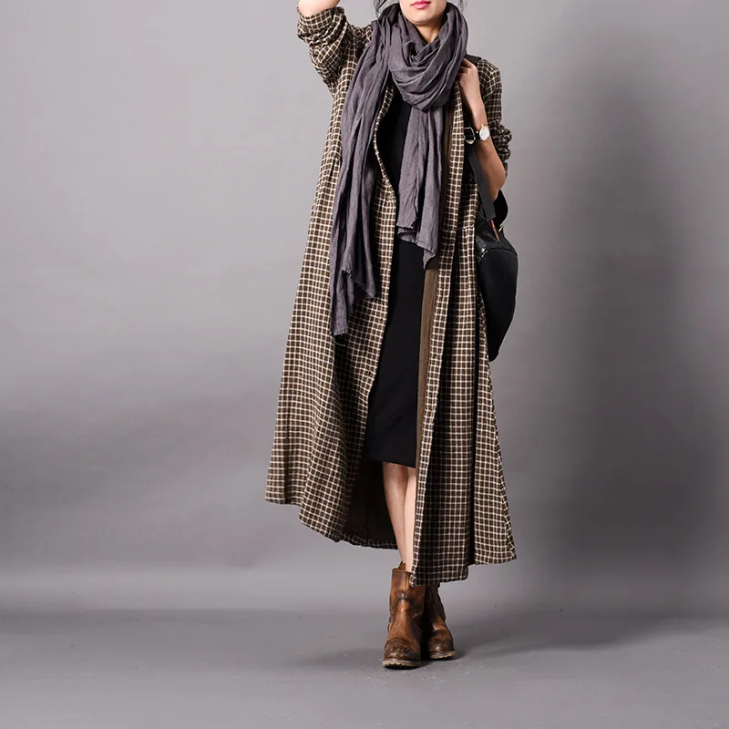 Women Spring Cotton Linen Plaid Trench Coat Thin Outerwear Cardigans