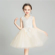 Кружевное платье для причастия цвета шампанского; детское платье с цветочной аппликацией для девочек; короткое платье на молнии для свадебного торжества; Сетчатое бальное платье без рукавов