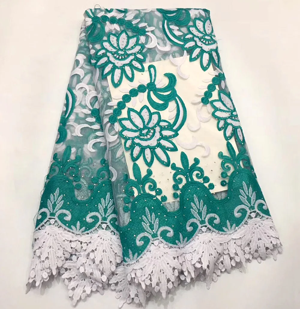 

2019 Latest White green African Lace Fabric 2019 High Quality Embroidered Tulle Lace Fabric African Lace stones 5 Yards
