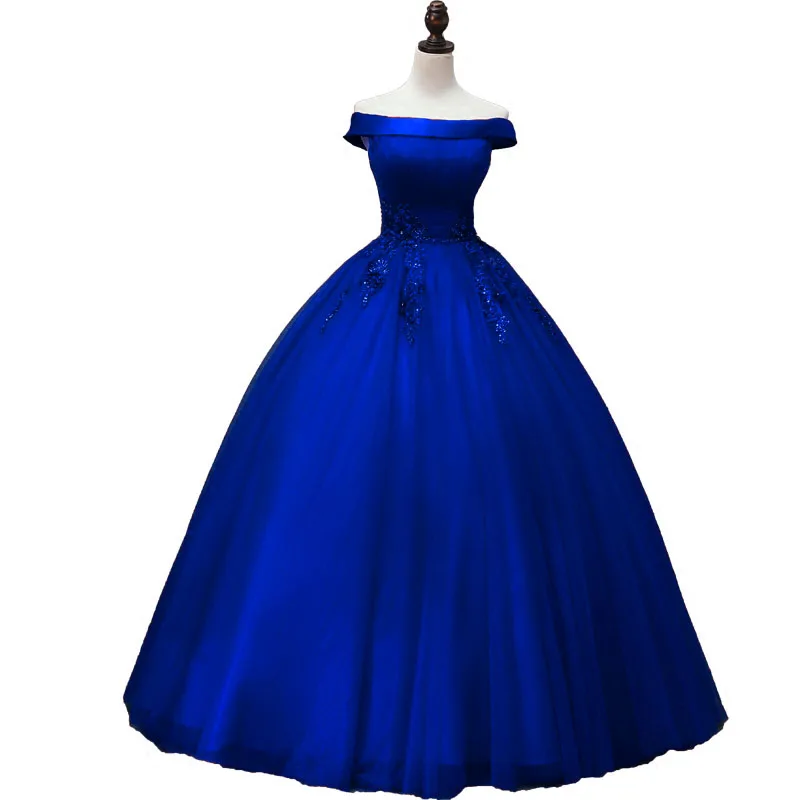 С открытыми плечами красное платье Quinceanera Тюлевое кружево с аппликацией и бисером Длинные платья для выпускного вечера бальное платье, vestidos de 15 anos - Цвет: Синий