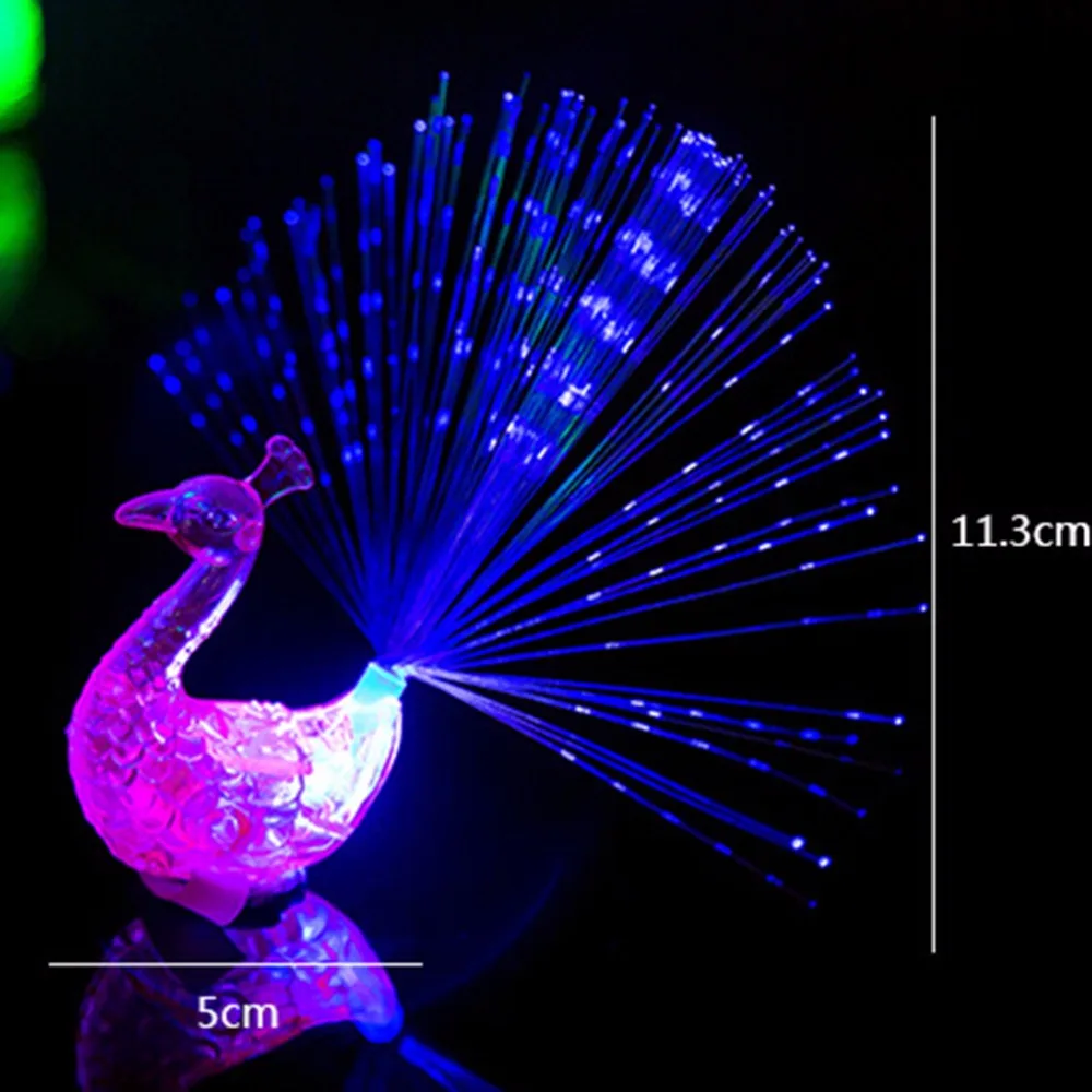 1Pcs LED Glow Peacock Finger Light Laser Beams Ring Optical Fiber Toy Flash Kid Fluorescent Shiny Neon Flashing Toys Random