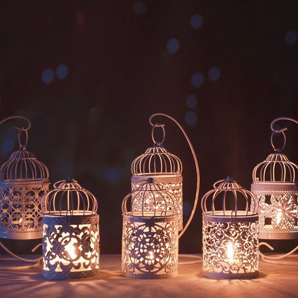 Hollow Candlestick Tealight Hanging Lantern Bird Cage Vintage Metal Candle Holder White Holder Candlestick