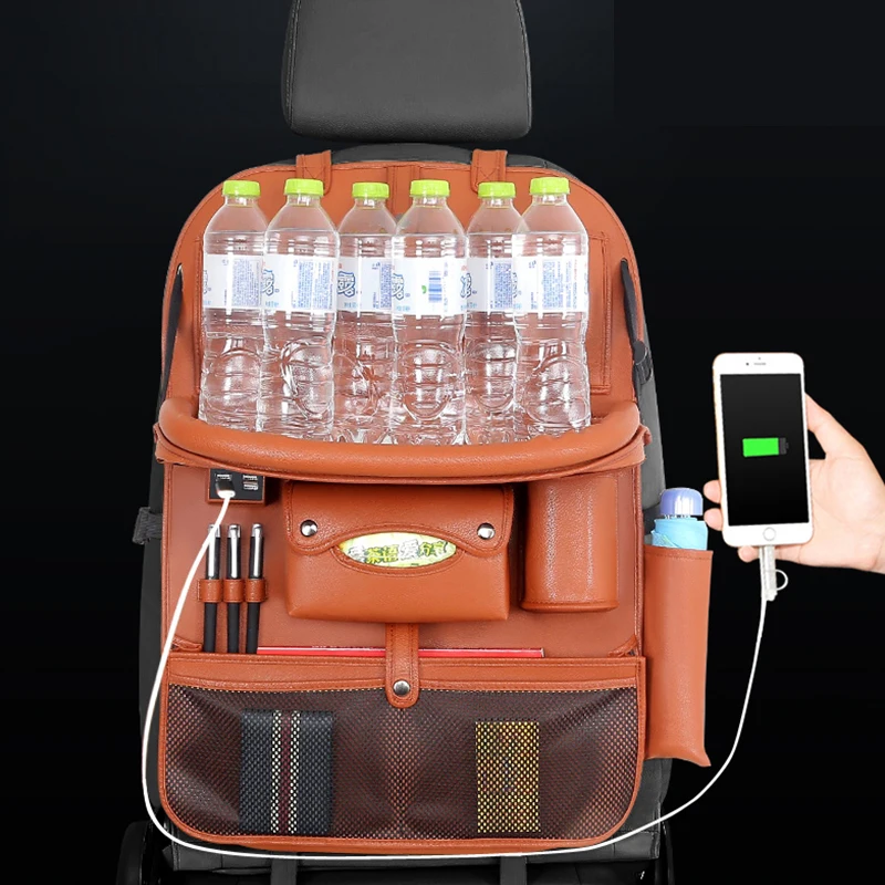 Backseat Bag 4 USB Car Organizer Charge Phone Stowing Tidying Storage Auto Accessories Back Seat Kid Table Drink Holder Travel