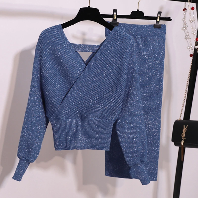 

New 2018 Winter Knitted 2 Pieces Set Women Sexy V Neck Soft Pullover Sweater and Skinny Skirt Female Backless Sweater Suits Set