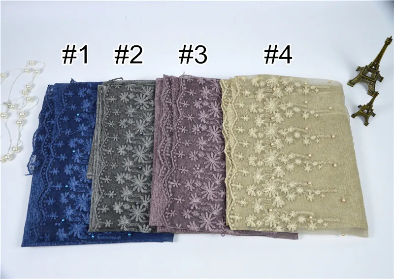 

Plain Cotton Lace Scarf Muslim Hijab With Colored Beads Stretchy Shawls Islamic Headband Scarves 10PCS/Lot