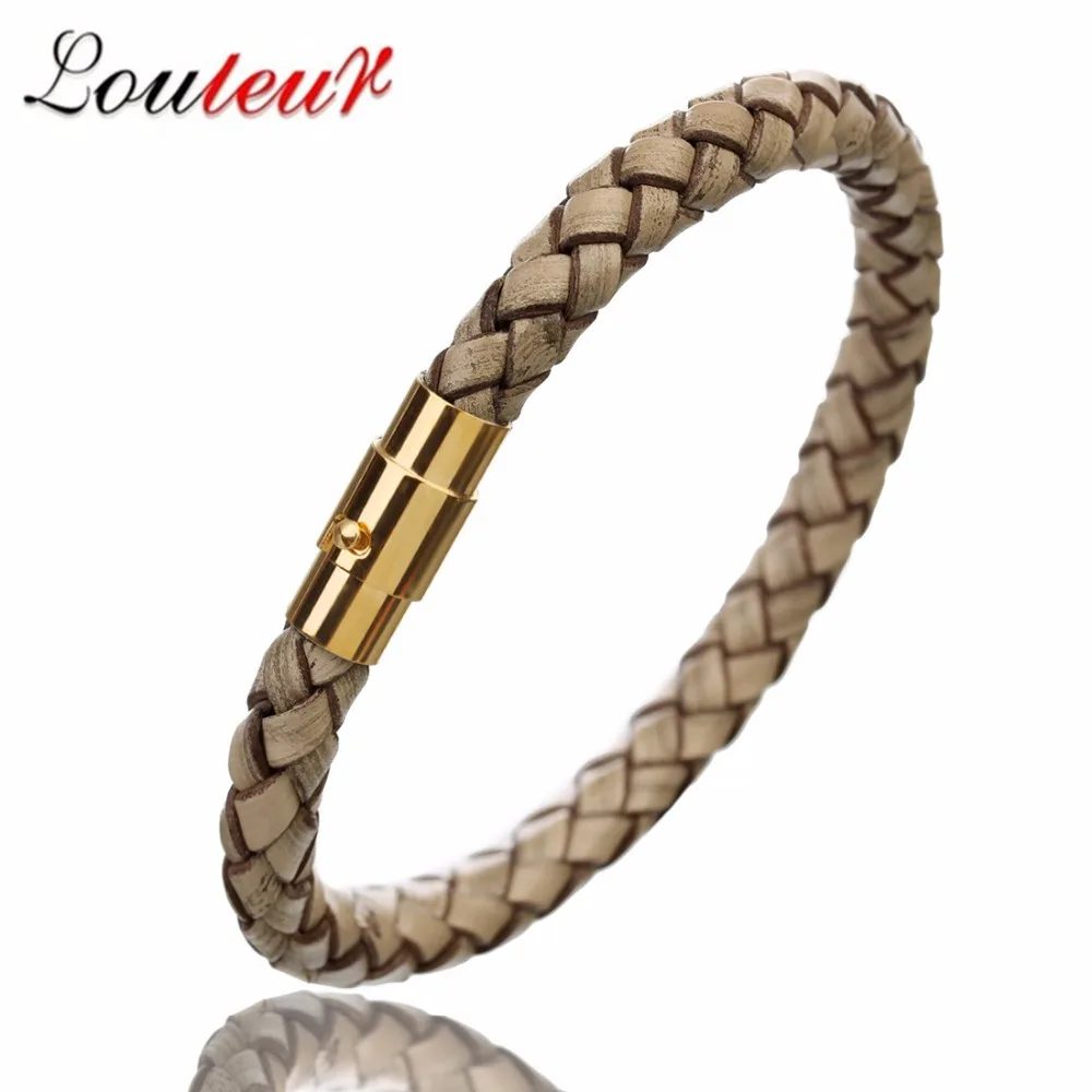 Handmade Gold Color Vintage Men Leather Bracelets Stainless Steel Magnetic Clasp Braided