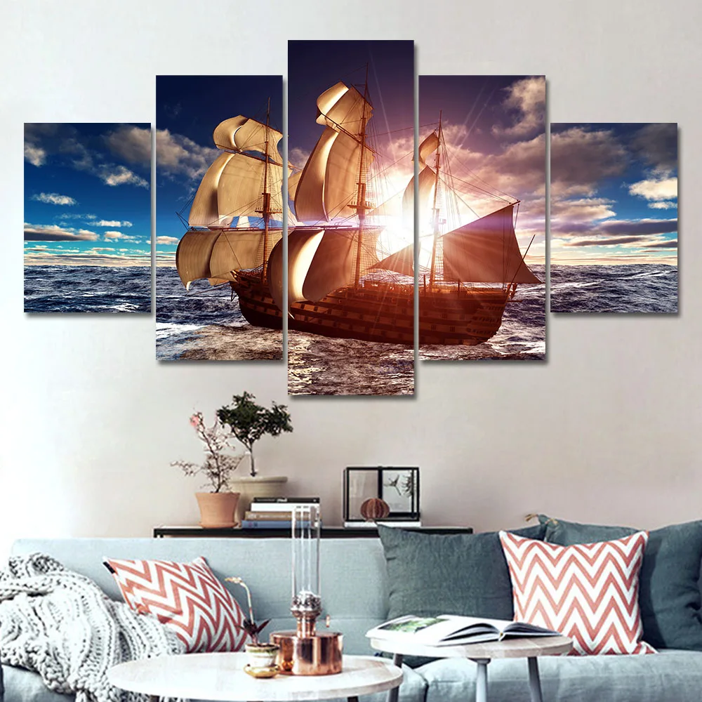 Waliicorners 5 Panel Modern Canvas Prints Sea Boat Sunset Painting Beach Seascape Cuadros Decoracion Wall Picture for Living Room 6