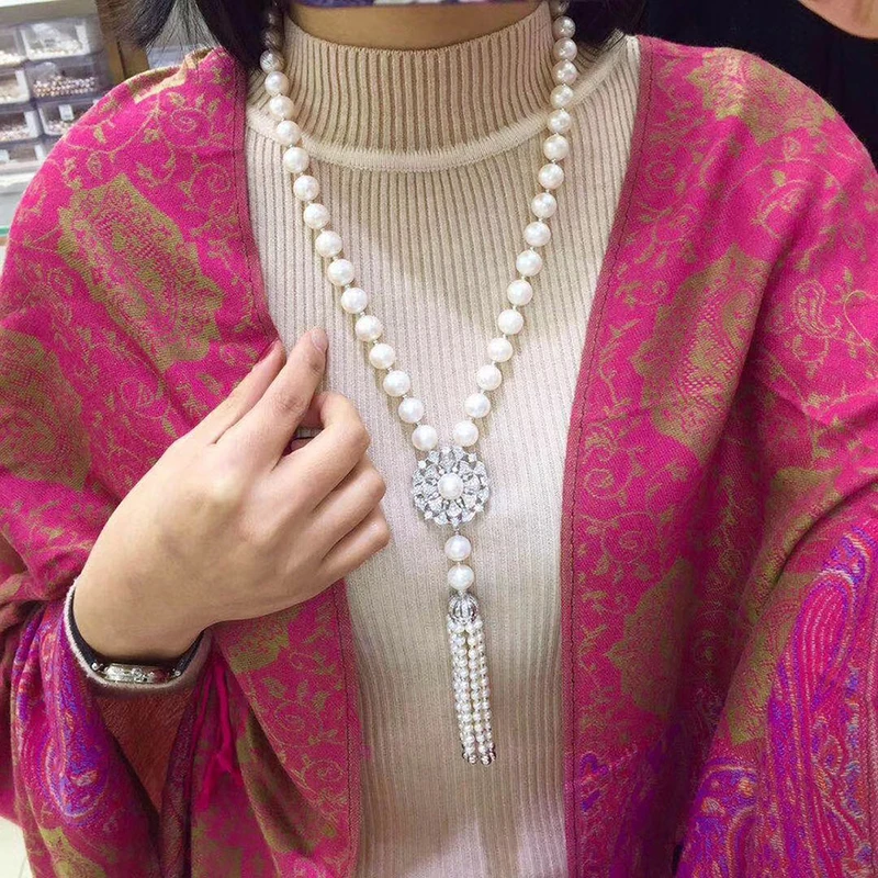 Sinya Tassels fashion Sweater chain Natural pearls Strand long necklace for Women Mum lover gold or white gold color optional  (2)