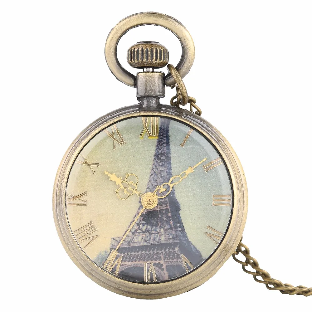 YISUYA Eiffel Tower Pendant Chain Pocket Watch Men Kid Retro Necklace Quartz Watched Hand Around Women Clock Skull Punk Gift  (1)