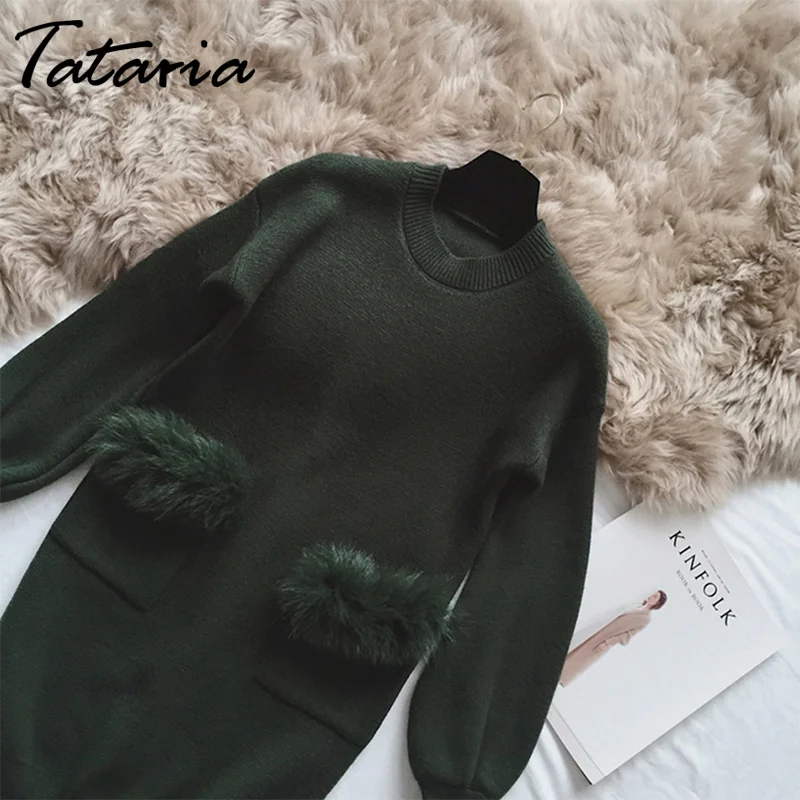 Длинное трикотажное платье свитер из искусственного меха Tataria Элегантное для