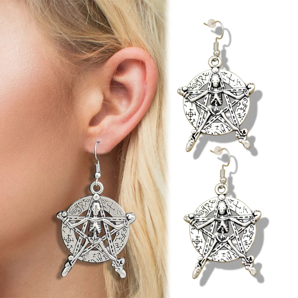 

Catholic Silver Pentacle Pentagram Star Skull Witch Wiccan Pagan Dangle Earrings Fancy Dress Women Oorbellen Jewelry Orecchini