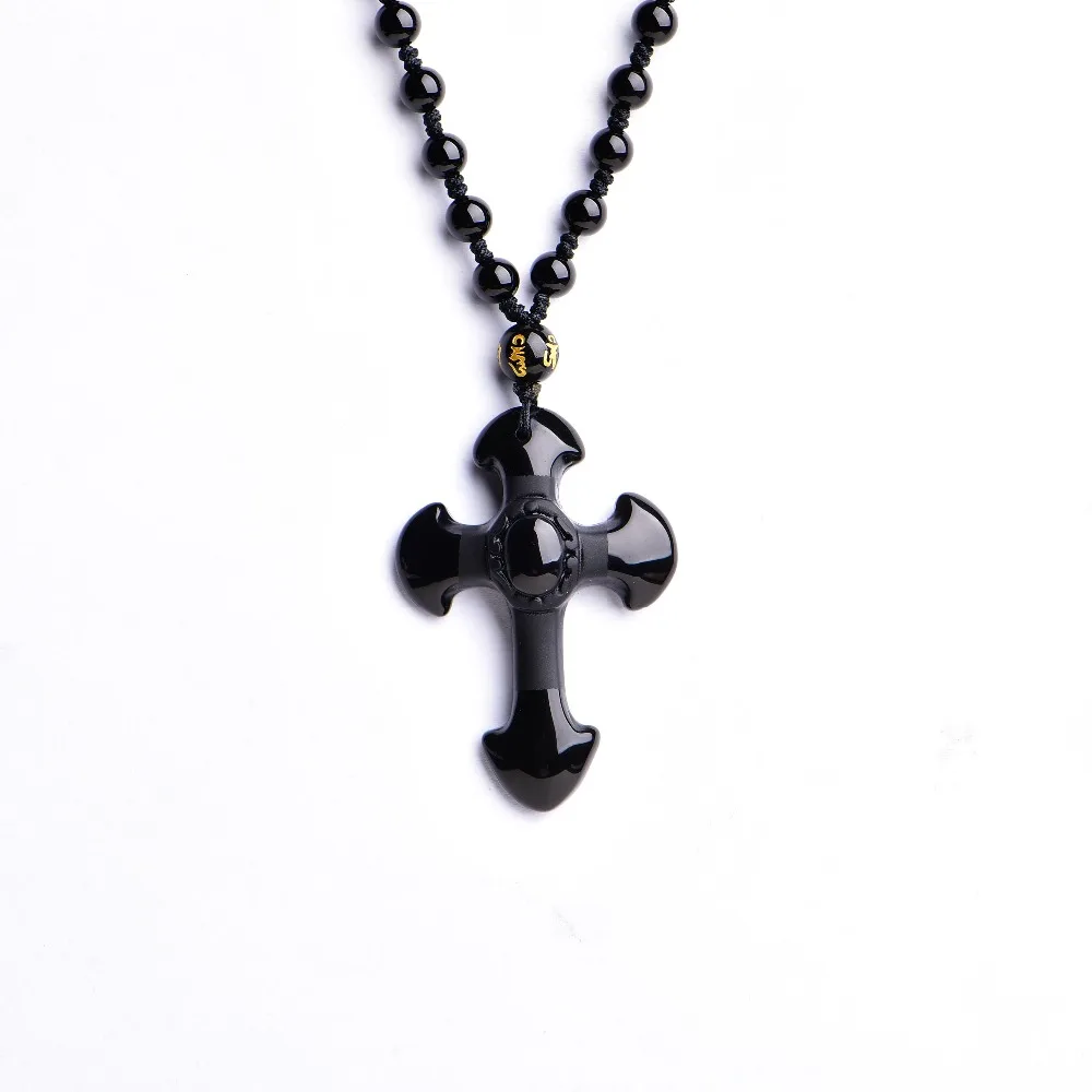 

Drop Shipping Natural Black Obsidian Carving Crosses Lucky Amulet Pendant Necklace For Women Men pendants Jewelry 52*36mm