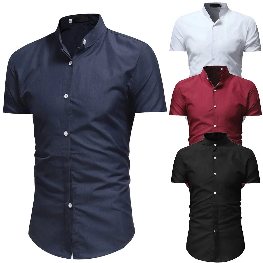 Мужская мода новая летняя деловая Повседневная рубашка сплошной цветной лацкан рубашка Повседневная на пуговицах с короткими рукавами