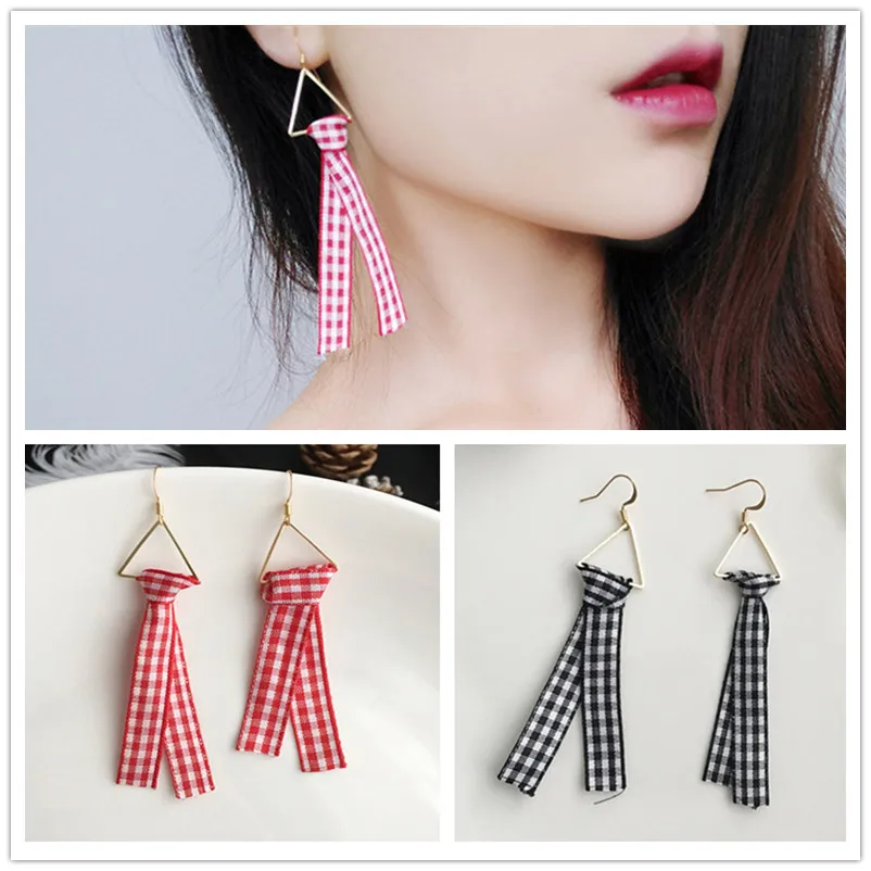 

EK364 New Personality Fashion DIY Cute Cross Grid Bow Hollow Triangle Cloth Drop Earring For Women Jewelry Long Ribbon Brincos