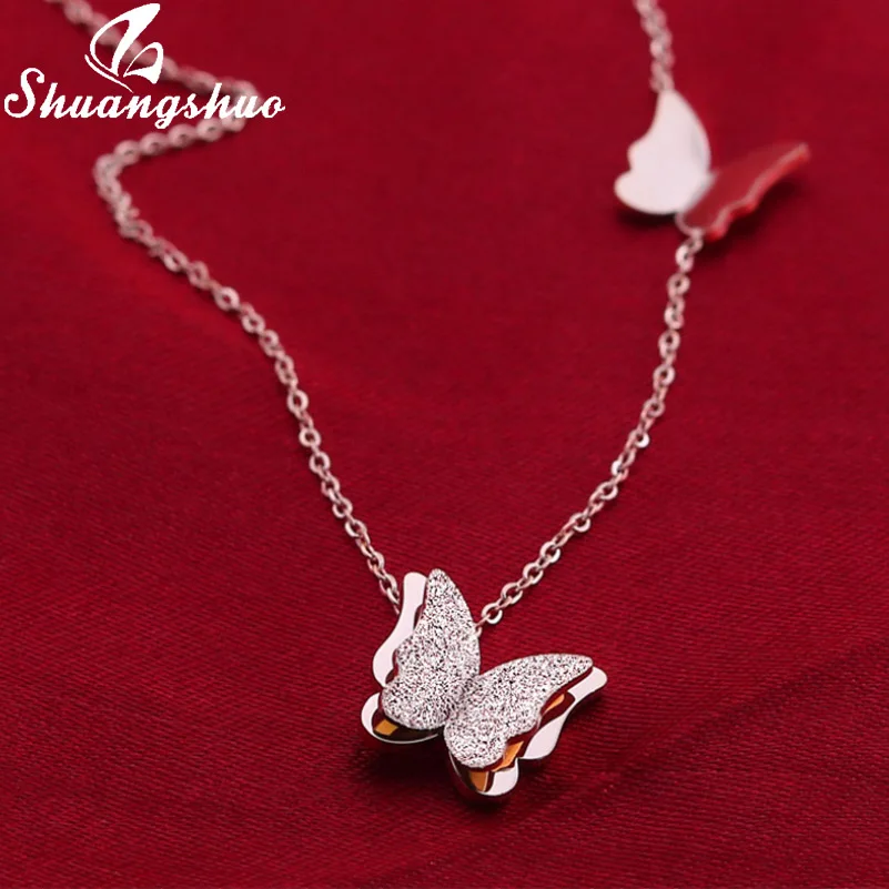 Shuangshuo серебряные ожерелья для женщин бабочка кулон цепочки и ожерелья колье модные свадебные Ювелирное Украшение, длинная цепочка ожерелье femme